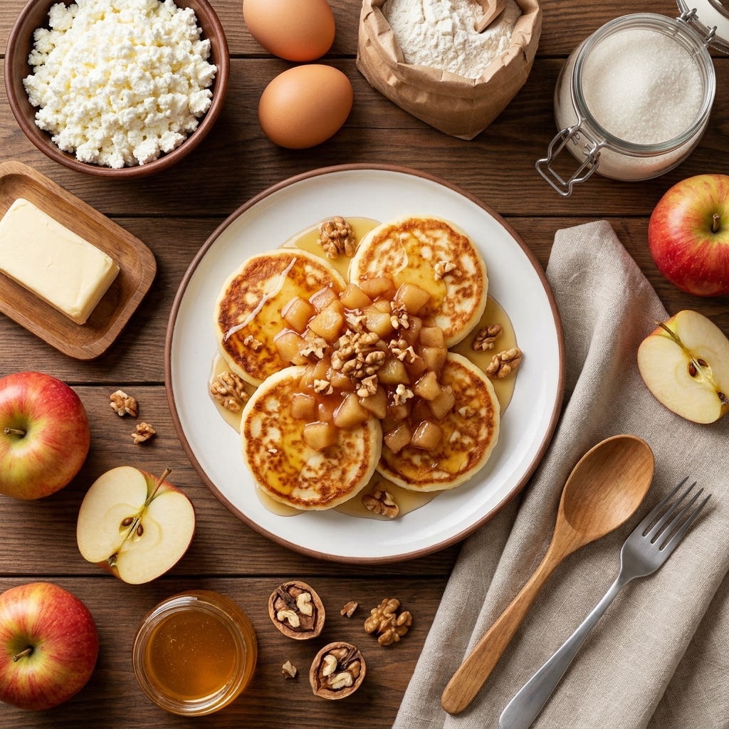 Творожные оладьи с тёплым яблочным рагу 🥞🍏