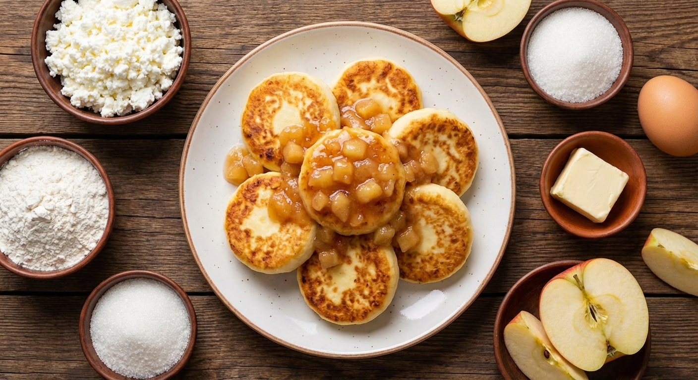 Сырники с тёплым яблочным соусом 🍎🍯